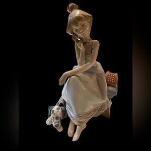 Charming Lladro Ceramic Girl with Dog Figurine - Cream and Blue RETIRED